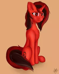 Size: 2184x2728 | Tagged: safe, artist:flapstune, derpibooru import, oc, oc:flaps tune, pony, unicorn, cutie mark, female, fluffy, horn, image, looking at you, mare, orange background, png, signature, simple background, sitting, smiling, solo