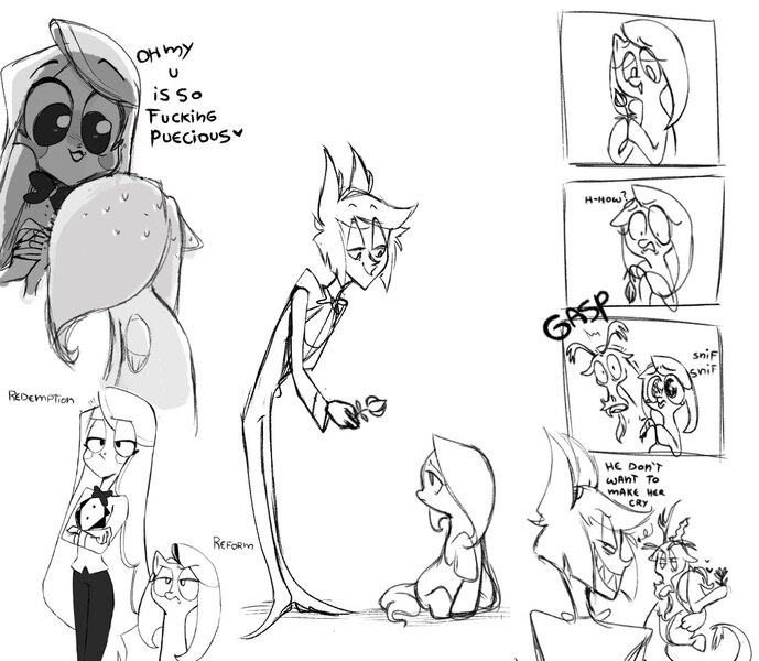 Size: 1191x1037 | Tagged: safe, artist:moonchi46059296, derpibooru import, discord, fluttershy, pegasus, pony, alastor, black and white, charlastor, charlie magne, crossover, crying, female, flower, grayscale, hazbin hotel, hug, image, jpeg, male, monochrome, simple background, vulgar, white background