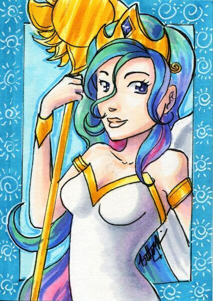 Size: 600x848 | Tagged: safe, artist:bracinghope, derpibooru import, princess celestia, human, 2012, armband, beautiful, blue background, bracelet, crown, humanized, image, jewelry, jpeg, looking at you, regalia, simple background, solo, staff, sun