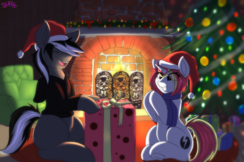 Size: 4500x3000 | Tagged: safe, artist:derpx1, derpibooru import, oc, oc:kenn, oc:lazy sunday, unofficial characters only, skunk, skunk pony, chimney, christmas, christmas lights, christmas presents, christmas tree, clapping, commission, fire, fireplace, hat, holiday, image, png, present, santa hat, smiling, tree