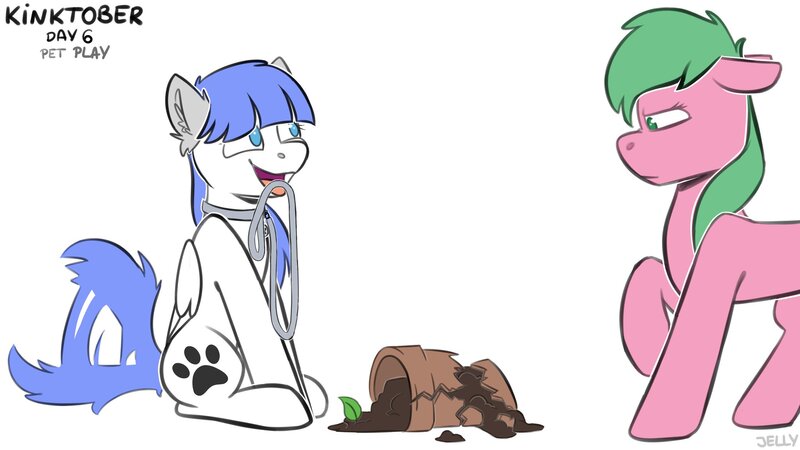 Size: 2048x1152 | Tagged: safe, artist:jellysiek, derpibooru import, oc, oc:pine berry, oc:snow pup, unofficial characters only, earth pony, pegasus, pony, behaving like a dog, broken, collar, female, glare, happy, image, jpeg, kinktober2020, leash, mare, mouth hold, paw prints, pet play, pet tag, simple background, sitting, smiling, standing, tail wag, white background