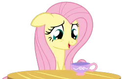 Size: 3031x1978 | Tagged: safe, artist:sketchmcreations, derpibooru import, fluttershy, pegasus, pony, stare master, cup, cute, female, floppy ears, image, mare, open mouth, png, shyabetes, simple background, sitting, table, teacup, transparent background, vector