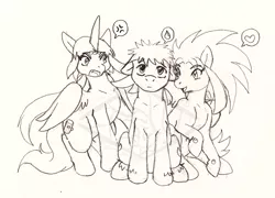 Size: 797x575 | Tagged: safe, artist:bluefantasy, derpibooru import, ponified, alicorn, earth pony, pegasus, pony, ayeka, cross-popping veins, crossover, female, group shot, heart, image, jpeg, lineart, male, mare, monochrome, pictogram, ryoko, sketch, speech bubble, stallion, sweat, sweatdrop, tenchi masaki, tenchi muyo, traditional art