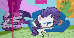 Size: 668x343 | Tagged: safe, derpibooru import, screencap, rarity, spike, twilight sparkle, alicorn, dragon, pony, unicorn, director spike's mockumentary, my little pony: pony life, spoiler:pony life s01e21, animated, bipedal, camera, couch, dancing, eyes closed, female, flying, gif, image, male, mare, party hard, two-frame gif, wide eyes