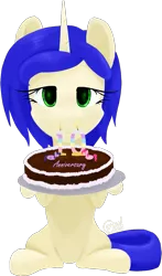 Size: 813x1380 | Tagged: safe, artist:alicorn-without-horn, derpibooru import, pinkie pie, twilight sparkle, oc, oc:crystal reverie, alicorn, earth pony, pony, unicorn, cake, candle, food, happy birthday mlp:fim, image, mlp fim's tenth anniversary, png, simple background, sitting, stick pony, transparent background