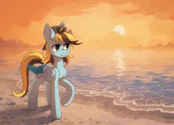 Size: 2032x1462 | Tagged: safe, artist:koviry, derpibooru import, part of a set, oc, unofficial characters only, pegasus, pony, beach, commission, image, jpeg, raised hoof, scenery, smiling, solo, sun, sunset, two toned wings, walking, water, wings, ych result