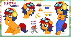 Size: 1200x623 | Tagged: safe, artist:jennieoo, derpibooru import, oc, oc:electric swing, earth pony, pony, clothes, crossed hooves, cutie mark, frown, happy, image, laughing, overalls, png, reference sheet, sad, show accurate, smiling, smug, solo, standing, thinking, vector, wrench