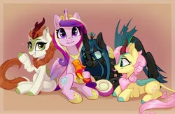 Size: 4096x2691 | Tagged: safe, artist:taneysha, derpibooru import, autumn blaze, fluttershy, peewee, princess cadance, queen chrysalis, alicorn, changeling, kirin, phoenix, pony, :t, awwtumn blaze, blush sticker, blushing, commission, cute, cutealis, cutedance, cuteness overload, female, high res, hoof hold, hug, image, jealous, jpeg, kirin fluttershy, kirinbetes, kirinified, looking at someone, looking at you, lying down, mare, open mouth, phoenix chick, prone, scrunchy face, shyabetes, simple background, sitting, smiling, species swap, stray strand, waving at you, wingding eyes, wings