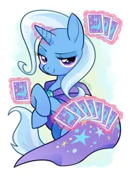 Size: 652x888 | Tagged: safe, artist:akira bano, derpibooru import, trixie, pony, unicorn, cape, clothes, cute, diatrixes, female, hat, image, jpeg, lidded eyes, magic, magic trick, mare, playing card, simple background, solo, telekinesis, trixie's cape, trixie's hat, white background