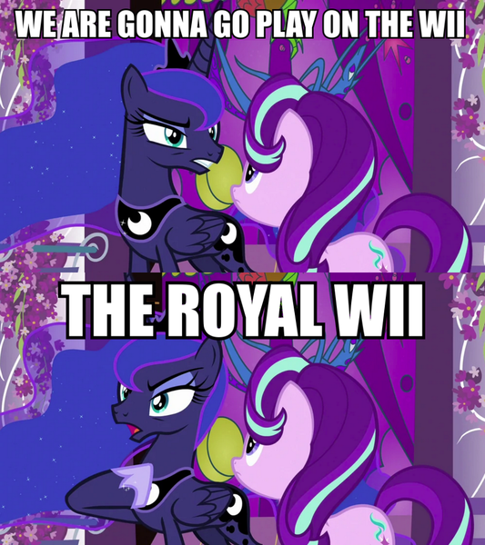 Size: 900x1014 | Tagged: safe, derpibooru import, edit, edited screencap, screencap, princess luna, starlight glimmer, alicorn, pony, gamer luna, a royal problem, caption, female, image, image macro, nintendo, png, pun, royal we, text, wii