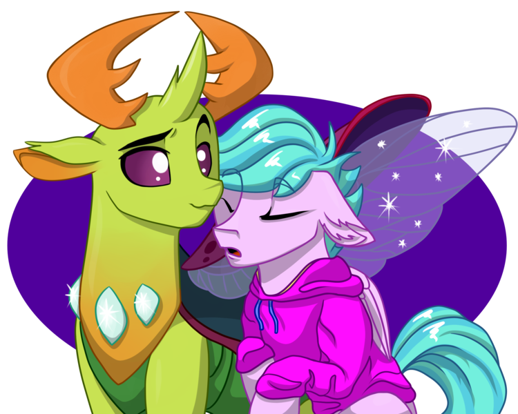 Size: 2125x1700 | Tagged: safe, artist:evergreen-gemdust, artist:olificus, derpibooru import, thorax, oc, oc:tranquil neon, changedling, changeling, insect, pegasus, pony, base used, changeling king, clothes, commission, eyes closed, gay, hoodie, image, king thorax, male, pegasus oc, png, redraw, shipping, simple background, sleeping, stallion, sweater, transparent background, wings