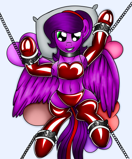 Size: 421x506 | Tagged: suggestive, artist:deadwire765, derpibooru import, oc, oc:crystal, oc:crystal (sch01), pegasus, bed, bedroom eyes, bondage, bondage cuffs, bondage gear, bra, chains, choker, clothes, cuffs, female, femsub, frog (hoof), grin, image, latex, latex socks, looking at you, pillow, png, smiling, socks, solo, solo female, spread wings, submissive, underhoof, underwear, wings