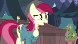 Size: 1280x720 | Tagged: editor needed, safe, edit, edited screencap, screencap, roseluck, earth pony, pony, it isn't the mane thing about you, beanie, female, hat, image, jean jacket, mare, open mouth, png, raised hoof, solo, talking