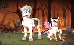Size: 1168x713 | Tagged: safe, artist:lastnight-light, derpibooru import, oc, oc:jawbreaker, oc:rock candy, unofficial characters only, alicorn, bat pony, bat pony alicorn, earth pony, pony, bat wings, bucket, fire, forest, horn, image, mouth hold, png, tree, wings