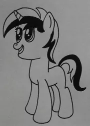 Size: 765x1060 | Tagged: safe, anonymous artist, derpibooru import, oc, oc:lanaia, pony, unicorn, blank flank, eyelashes, female, filly, grin, horn, image, jpeg, smiling, traditional art