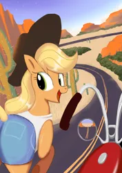 Size: 2480x3508 | Tagged: safe, artist:neoshrek, derpibooru import, applejack, earth pony, pony, cactus, clothes, cowboy hat, cowgirl, denim shorts, desert, female, freckles, hat, highway, image, jpeg, looking at you, mare, motorcycle, shirt, shorts, solo, tanktop, tomboy