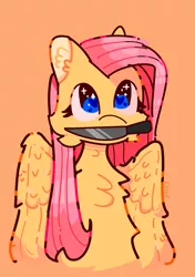 Size: 1039x1476 | Tagged: safe, artist:simple24fox, derpibooru import, fluttershy, pegasus, pony, heart eyes, image, knife, mouth hold, orange background, png, simple background, solo, wingding eyes, yandereshy