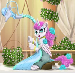 Size: 2500x2430 | Tagged: safe, artist:chopsticks, derpibooru import, princess flurry heart, alicorn, siren, bracelet, cheek fluff, chest fluff, clothes, dress, ear fluff, flower, harp, image, jewelry, little nemo, looking at you, musical instrument, necklace, older, older flurry heart, open mouth, png, regalia, scene interpretation, sitting, unshorn fetlocks