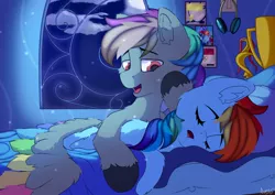 Size: 2048x1448 | Tagged: safe, artist:avery-valentine, derpibooru import, bow hothoof, rainbow dash, windy whistles, oc, oc:dark rainbow, pegasus, canon x oc, darsh, image, jpeg