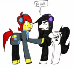Size: 1958x1799 | Tagged: safe, artist:insomniaqueen, derpibooru import, ponified, earth pony, pegasus, pony, clothes, duo, headset, image, jpeg, neigh, open mouth, raised hoof, siri, traditional art