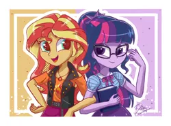 Size: 2000x1480 | Tagged: safe, artist:evedizzy26, derpibooru import, sci-twi, sunset shimmer, twilight sparkle, equestria girls, equestria girls series, arm in arm, book, cute, duo, duo female, female, geode of empathy, geode of telekinesis, image, linked arms, magical geodes, open mouth, png, shimmerbetes, smiling, twiabetes