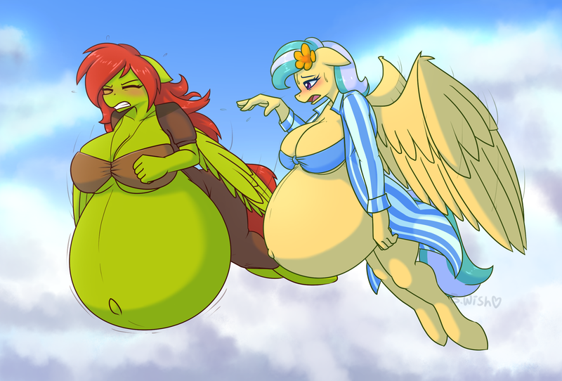 Size: 2382x1615 | Tagged: suggestive, artist:puetsua, derpibooru import, oc, oc:pacific breeze, oc:young weird, anthro, pegasus, unguligrade anthro, belly, belly button, big belly, big breasts, breasts, clothes, exhausted, eyes closed, female, flying, gritted teeth, huge belly, huge breasts, image, impossibly large belly, impossibly large breasts, outie belly button, png, pregnant, sky, straining
