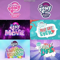 Size: 640x640 | Tagged: safe, derpibooru import, screencap, best gift ever, my little pony: pony life, my little pony: the movie, rainbow roadtrip, equestria girls logo, image, jpeg, logo, my little pony logo, my little pony: the movie logo, no pony, pony history, pony life logo, title card