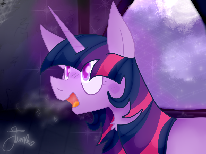 Size: 800x600 | Tagged: safe, artist:junko, derpibooru import, twilight sparkle, pony, spider, unicorn, castle, castle of the royal pony sisters, female, gasp, image, mare, moon, night, night sky, png, sky, solo, spider web, starry night, stars, unicorn twilight, visible breath, window