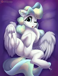 Size: 2698x3500 | Tagged: safe, artist:airfly-pony, derpibooru import, vapor trail, pegasus, pony, adorasexy, bed, cute, featureless crotch, female, fluffy, frog (hoof), hooves, image, legs, looking at you, mare, night, one eye closed, open mouth, patreon, patreon exclusive, patreon logo, png, sexy, shy, spreading, spread legs, underhoof, vaporbetes, wings