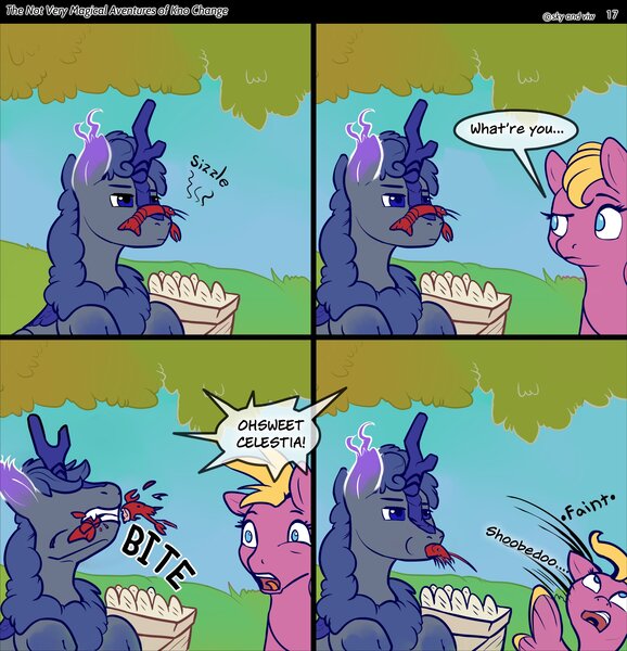 Size: 2200x2283 | Tagged: safe, artist:viwrastupr, derpibooru import, oc, oc:kno change, unnamed oc, kirin, pony, sea pony, comic:the not very magical adventures of kno change, comic, crawfish, eating, faint, food, image, jpeg, kirin oc, meat, ponies eating meat, speech bubble