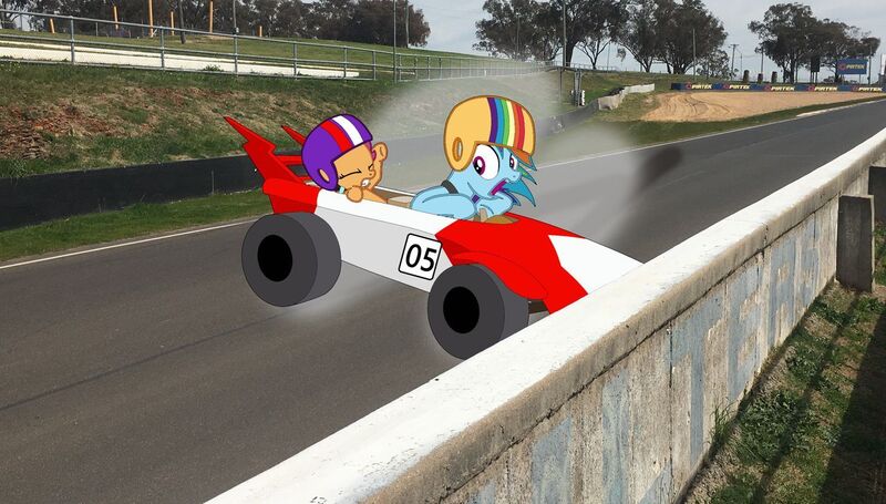 Size: 1280x728 | Tagged: safe, artist:didgereethebrony, derpibooru import, rainbow dash, scootaloo, pegasus, pony, the cart before the ponies, australia, bathurst, brock's skyline, crash, image, imminent crash, irl, jpeg, mlp in australia, mount panorama, mount panorama circuit, peter brock, photo, ponies in real life, race track, smoke, this will not end well, trace, tyre smoke