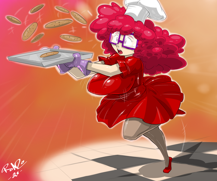 Size: 3620x3017 | Tagged: safe, artist:shonuff44, derpibooru import, twist, human, adult, breasts, busty twist, chef's hat, clothes, cookie, food, glasses, gloves, hat, high heels, humanized, image, open mouth, png, red, red clothes, shoes, skirt, socks, stockings, thigh highs, tripping