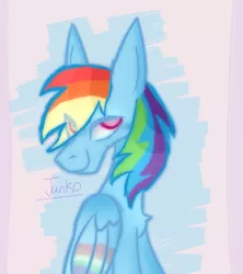 Size: 800x900 | Tagged: safe, artist:junko, derpibooru import, rainbow dash, pegasus, pony, art, chest fluff, cute, dashabetes, digital art, doodle, eye clipping through hair, female, folded wings, image, looking offscreen, mare, png, signature, sketch, smiling, solo, wings