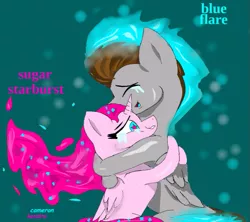 Size: 547x486 | Tagged: safe, artist:@cameron, derpibooru import, oc, oc:blue flare, oc:sugar starburst, alicorn, pegasus, pony, brother and sister, crying, female, glowing mane, glowing tail, hug, image, male, normal background, png, siblings, smiling, stars, wavy mane