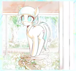 Size: 3340x3098 | Tagged: safe, artist:mirroredsea, derpibooru import, coco pommel, earth pony, pony, 2017, cocobetes, colored pupils, cute, female, image, jewelry, mare, missing accessory, necklace, no pupils, pillar, png, smiling, solo, standing, tree