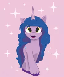 Size: 1500x1802 | Tagged: safe, artist:chopsticks, derpibooru import, izzy moonbow, pony, unicorn, description is relevant, female, g5, image, looking at you, mare, open mouth, pink background, png, simple background, solo, style emulation, unshorn fetlocks