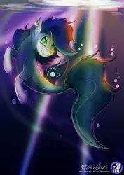 Size: 1654x2338 | Tagged: safe, artist:mad--munchkin, derpibooru import, oc, unofficial characters only, earth pony, pony, seapony (g4), bubble, convention, deviantart watermark, dorsal fin, exclusive, fish tail, flowing mane, flowing tail, green eyes, image, jpeg, logo, looking up, obstructive watermark, obtrusive watermark, ocean, seaponified, solo, species swap, swimming, tail, ukponycon, underwater, water, watermark