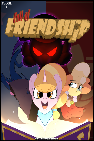 Size: 2100x3150 | Tagged: safe, artist:chaosllama, derpibooru import, oc, oc:chamberlain abigail, oc:daybright dazzle, oc:empress camelidia discordus equestrius, pony, unicorn, comic:fall of friendship, comic, cover art, image, png