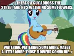 Size: 666x500 | Tagged: safe, anonymous artist, derpibooru import, edit, rainbow dash, animal crossing, foal house, guitar, image, jpeg, musical instrument, nin10doh, singing, sitting