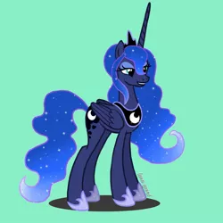 Size: 1080x1080 | Tagged: safe, alternate version, artist:luna.queex, derpibooru import, princess luna, alicorn, pony, blue background, ethereal mane, eyelashes, female, grin, hoof shoes, horn, image, jewelry, jpeg, mare, peytral, signature, simple background, smiling, solo, starry mane, tiara, wings