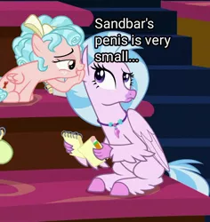 Size: 674x715 | Tagged: suggestive, derpibooru import, edit, edited screencap, screencap, cozy glow, silverstream, classical hippogriff, hippogriff, pegasus, pony, what lies beneath, blatant lies, caption, colored hooves, cozybar, female, filly, image, image macro, implied sandbar, jewelry, jpeg, necklace, text