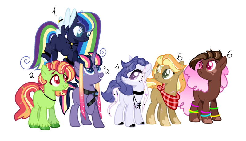 Size: 2664x1536 | Tagged: safe, artist:bumbgle-bee, artist:shiibases, derpibooru import, oc, unnamed oc, unofficial characters only, earth pony, pegasus, pony, unicorn, base used, bracelet, choker, coat markings, colored pupils, earth pony oc, eye clipping through hair, female, freckles, glow bracelets, horn, image, jewelry, mare, neckerchief, necklace, offspring, parent:applejack, parent:big macintosh, parent:cheese sandwich, parent:fancypants, parent:fluttershy, parent:pinkie pie, parent:rainbow dash, parent:rarity, parent:soarin', parent:star tracker, parent:trenderhoof, parent:twilight sparkle, parents:cheesepie, parents:fluttermac, parents:raripants, parents:soarindash, parents:trenderjack, parents:twitracker, pegasus oc, png, simple background, transparent background, unicorn oc, wing jewelry, wings