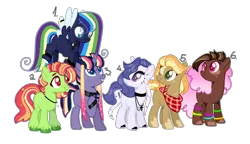 Size: 2664x1536 | Tagged: safe, artist:bumbgle-bee, artist:shiibases, derpibooru import, oc, unnamed oc, unofficial characters only, earth pony, pegasus, pony, unicorn, base used, bracelet, choker, coat markings, colored pupils, earth pony oc, eye clipping through hair, female, freckles, glow bracelets, horn, image, jewelry, mare, neckerchief, necklace, offspring, parent:applejack, parent:big macintosh, parent:cheese sandwich, parent:fancypants, parent:fluttershy, parent:pinkie pie, parent:rainbow dash, parent:rarity, parent:soarin', parent:star tracker, parent:trenderhoof, parent:twilight sparkle, parents:cheesepie, parents:fluttermac, parents:raripants, parents:soarindash, parents:trenderjack, parents:twitracker, pegasus oc, png, simple background, transparent background, unicorn oc, wing jewelry, wings