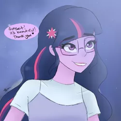 Size: 1080x1080 | Tagged: safe, artist:_denart, derpibooru import, equestria girls, bust, clothes, comic, female, glasses, grin, image, implied shipping, implied sunset shimmer, looking up, night, outdoors, png, signature, smiling, talking