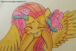 Size: 1512x1019 | Tagged: safe, artist:tiger-of-my-eye, derpibooru import, discord, fluttershy, butterfly, insect, pegasus, pony, semi-anthro, blushing, bust, eyes closed, female, gritted teeth, image, jpeg, kissing, male, mare, smiling, spread wings, traditional art, wings