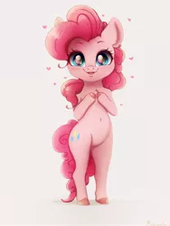 Size: 2413x3217 | Tagged: safe, artist:miokomata, derpibooru import, pinkie pie, earth pony, pony, bipedal, blushing, chest fluff, colored hooves, cute, diapinkes, ear fluff, female, heart, high res, image, jpeg, looking at you, mare, neck fluff, open mouth, smiling, solo