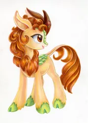 Size: 847x1182 | Tagged: safe, artist:maytee, derpibooru import, autumn blaze, kirin, awwtumn blaze, cute, image, jpeg, looking at something, marker drawing, simple background, smiling, solo, traditional art