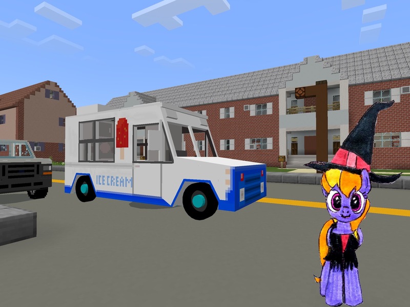 Size: 2048x1536 | Tagged: safe, artist:topsangtheman, derpibooru import, cloud kicker, pegasus, pony, clothes, costume, house, ice cream truck, image, jpeg, looking at you, minecraft, solo, traditional art, witch