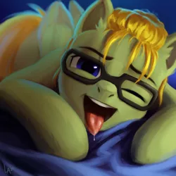 Size: 2480x2480 | Tagged: suggestive, artist:loonya, derpibooru import, oc, oc:donnik, pegasus, pony, glasses, horny, image, male, one eye closed, png, solo, solo male, tied hair, tongue out