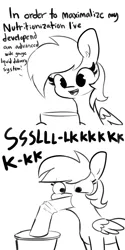 Size: 1728x3456 | Tagged: safe, artist:tjpones, derpibooru import, rainbow dash, pegasus, pony, 2 panel comic, black and white, chris chan, comic, dialogue, drink, drinking, drinking straw, female, giant food, grayscale, image, lineart, mare, monochrome, png, rainbow dork, shrunken pupils, silly, simple background, slurp, solo, straw, straw of fail, succ, white background